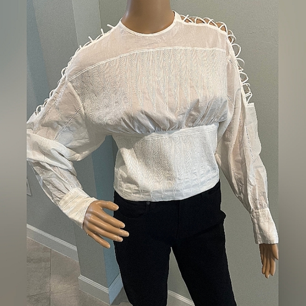 Iro Paris Parikia Lattice Long Sleeve White Blouse With Stitch Detail. S